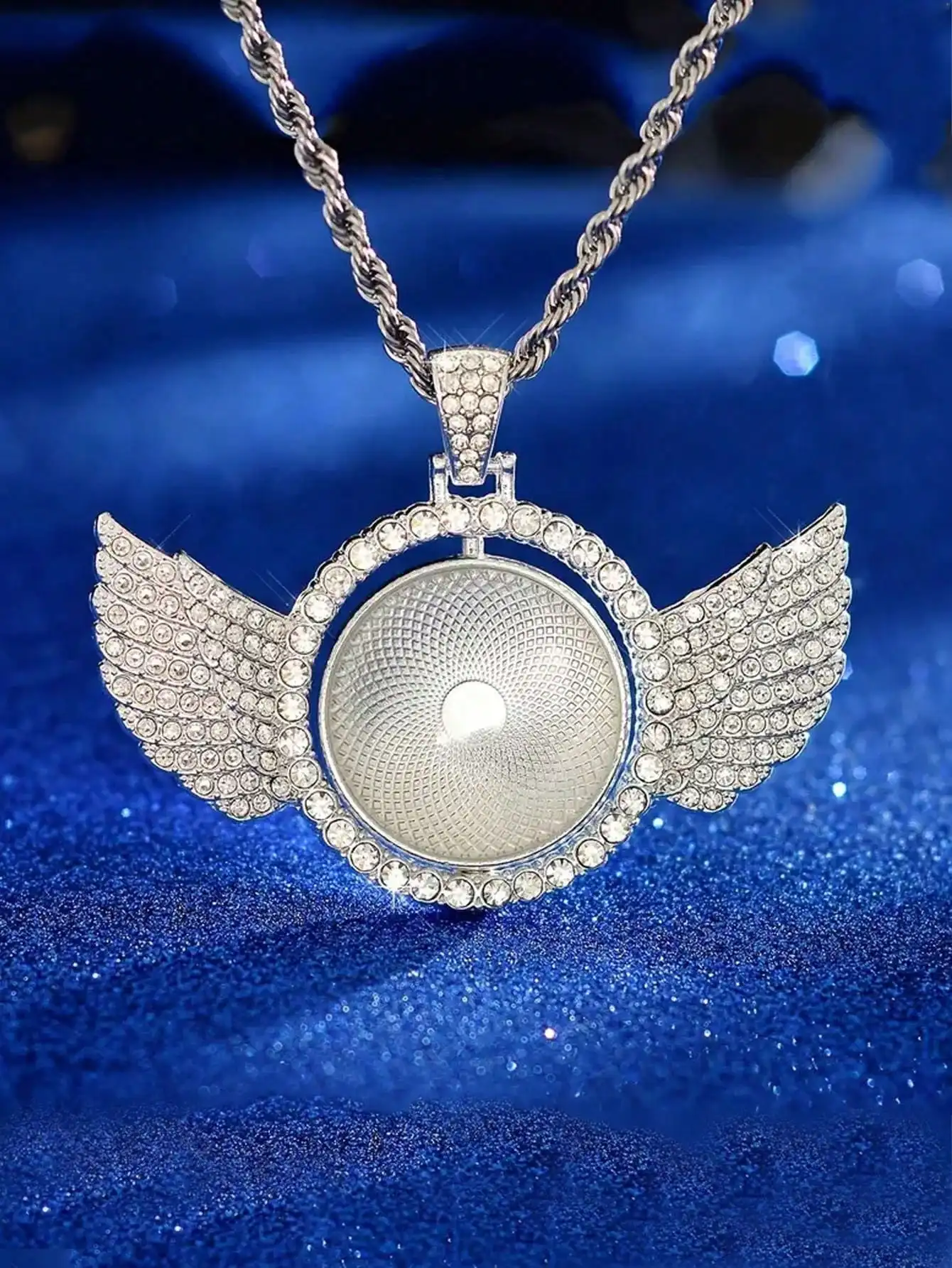 1 personalized photo pendant necklace, custom picture angel wing pendant necklace, unisex sequin gold and silver, fashion retro view 3
