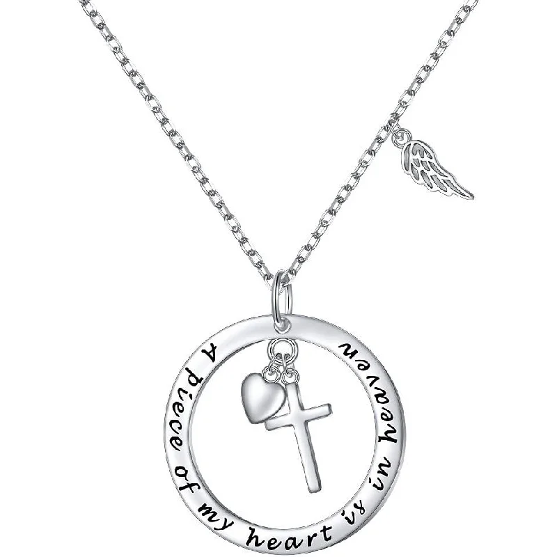 

Sentimental 925 Sterling Silver Engraved Pendant-"A Piece of My Heart in Heaven" Angel Wing Cross Heart Memorial Gift for Women