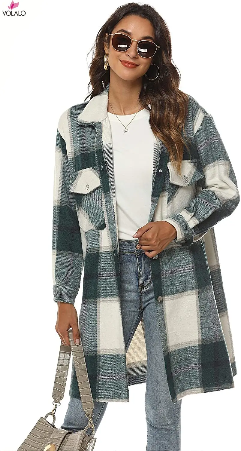 VOLALO Women's Casual Plaid Wool Blend Shacket Button Shirt Long Jacket Coat