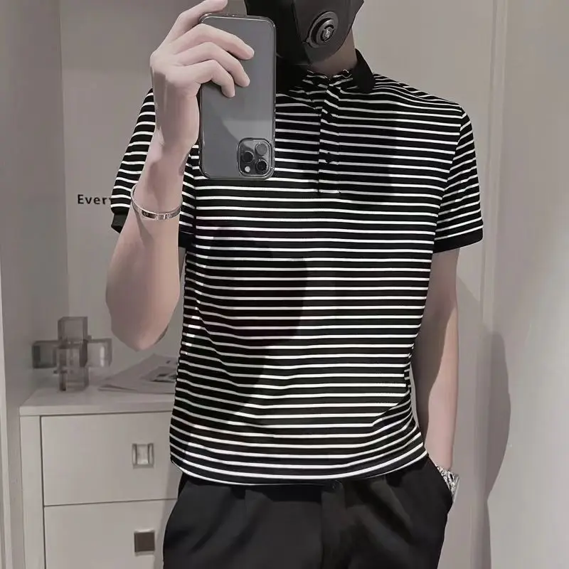 

Fashion Men's Polo Shirt Summer Slim Fit Striped Short Sleeve Turn Collar Casual Tee Style