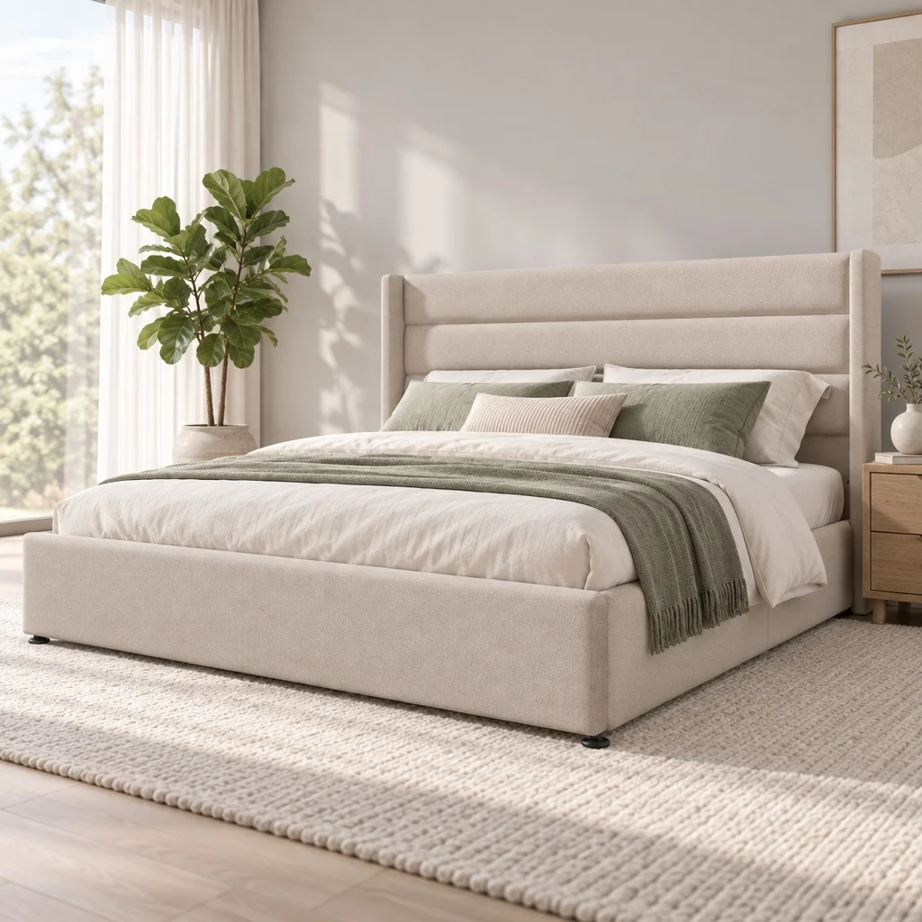 Comanlai, Letto Imbottito in Tessuto, Lino Beige, Letto Contenitore Idraulico 160 x 200 cm, Struttura Letto Matrimoniale con Testiera Imbottita, Vano Contenitore Nascosto Sotto il Letto, Sistema di