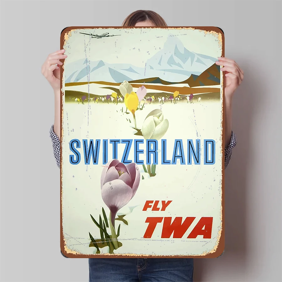 Vintage Switzerland Landscape Metal Wall Art Snow Mountain Airplane Flower Decor TWA Aviation Poster Style Home Decoration