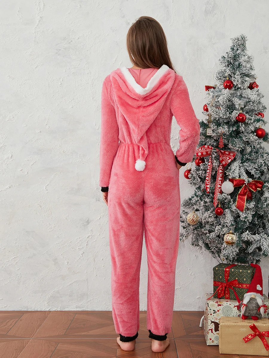 wsevypo Fall Winter Christmas Fleece Jumpsuits Women\'s Santa Sleepwear Home Outdoor Long Sleeve Zipper Hooded Long Rompers