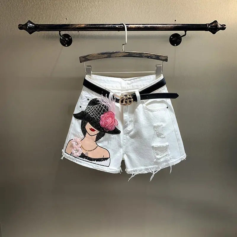 

Summer White Wide Leg Pants Women's New Style Heavy Embroidery Loose Straight Cut Versatile Hot Shorts Trendy Casual Jeans