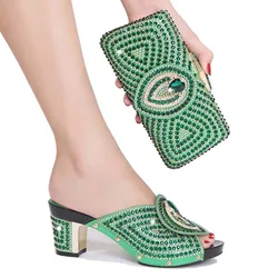 Fashionable African Shoes and Bag Set Italian Women Green Color Nigerian Shoes with Matching Bags for Royal Wedding Party 2022