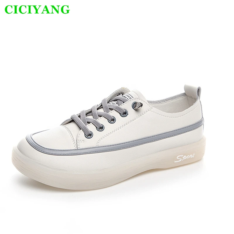 CICIYANG Women's Flat Lace-up White Shoes 2024 Autumn New Ladies Casual Soft-soled Shoes Genuine Leather Sneakers Large Size