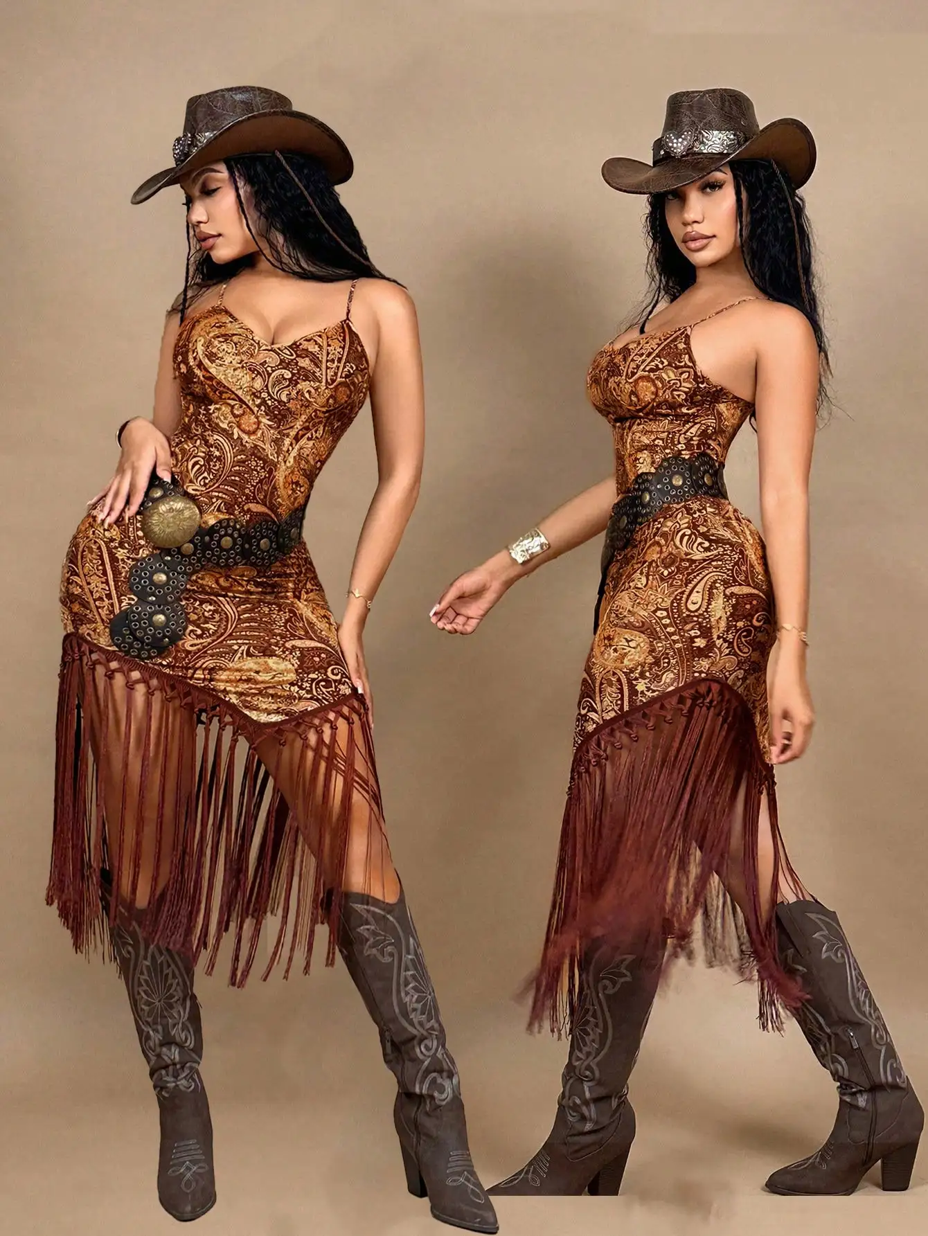 BWQ Vacation Music Festival Retro Printed Fringed Hem Backless Cami Mid-Length Dress, Women Summer Dresses,Western Wear Women