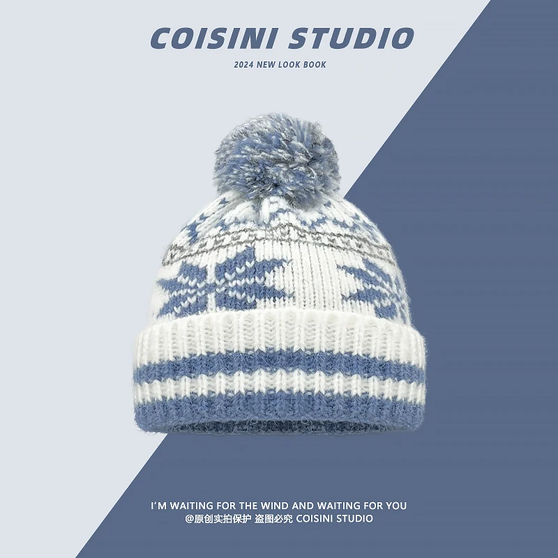 Ins Retro Snowflake Jacquard Knitted Beanies Cap for Women Winter Thickened Warm Fashion Contrasting Color Pullover Men's Hat