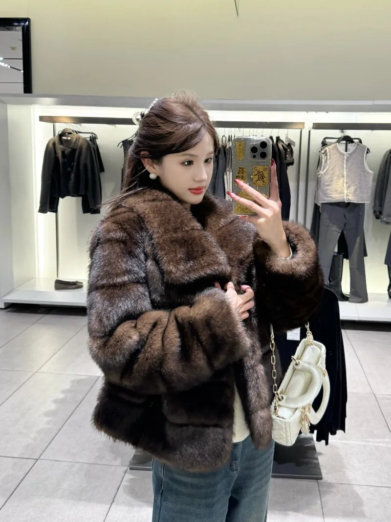 Vintage Elegant Socialite Eco-Friendly Fur Coat Winter New High-End Fashion Turn-Down Collar Thickened Warm Short Fur Coat Women