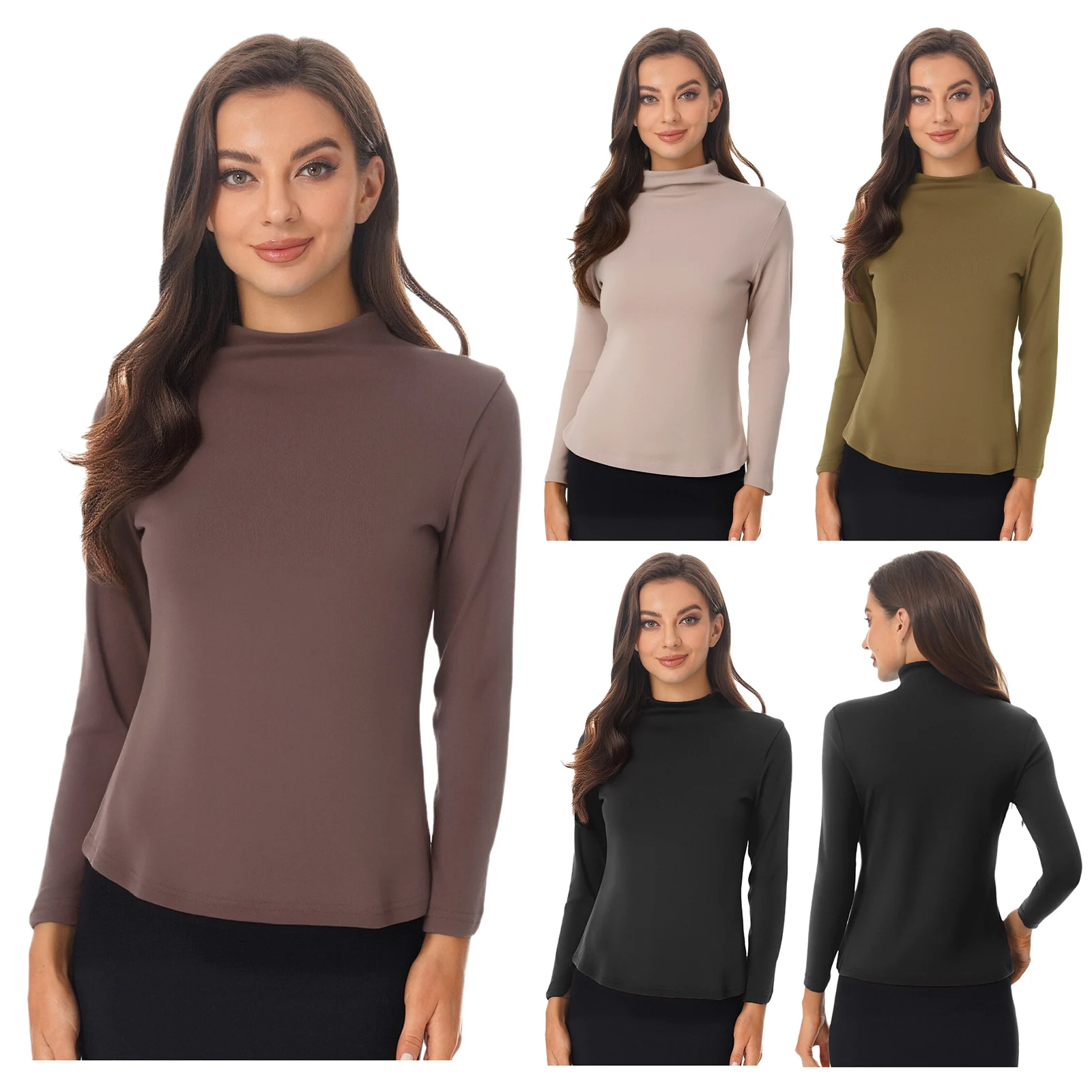 Damska uniwersalna bazowa koszulka termiczna z golfem, długi rękaw, elastyczna, dopasowana bluzka do pracy biurowej, na co dzień.