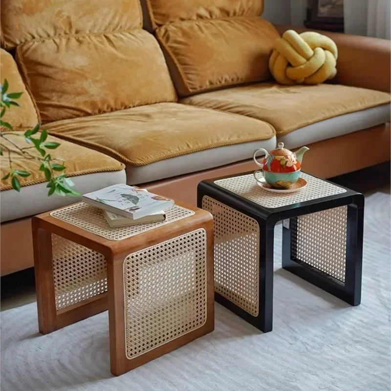 Aesthetic Style Solid Wood Rattan Side Table Japanese Balcony Window Sofa Small Coffee Table Placeholder Retro Bedside Table