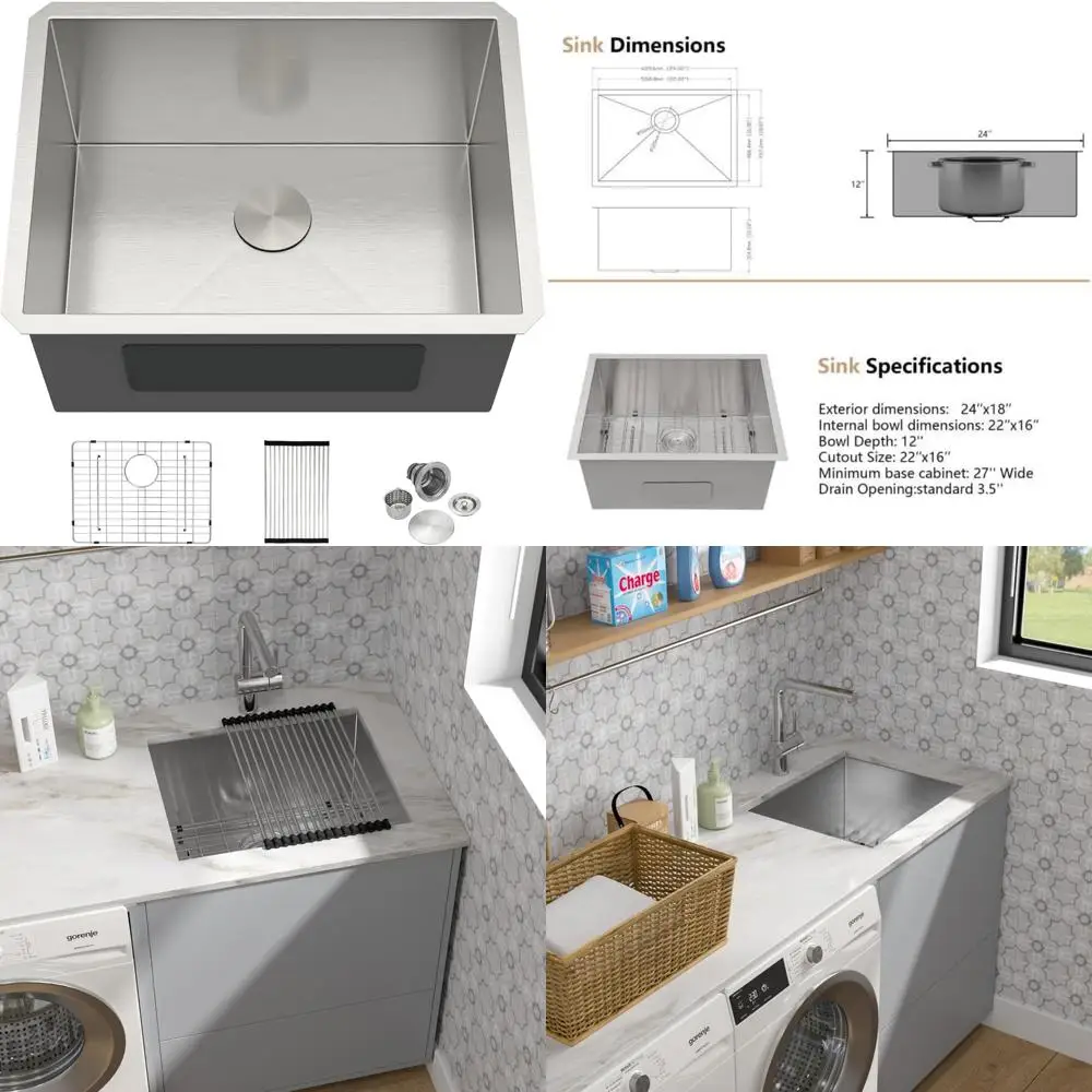 Pia utilitária de aço inoxidável, 24 polegadas de profundidade, 12 tigelas únicas, pia para lavanderia, bancada, calibre 16