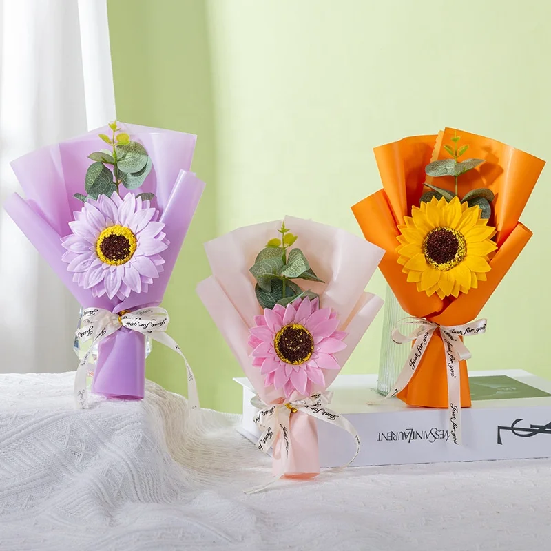 Wholesale Mini Dry Flower Plants Bouquets Wedding Decoration Valentines Mothers Day Gift Artificial Soap Sunflower Bouquet