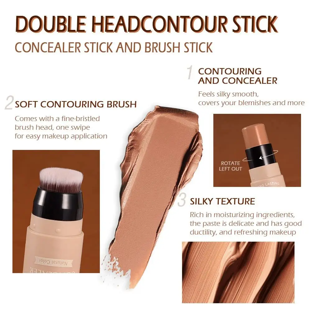 Full Coverage Concealer Stick Contour Neutral Makeup Smoother Moisturizing Concealer Double Head with Brush Highlighter Stick