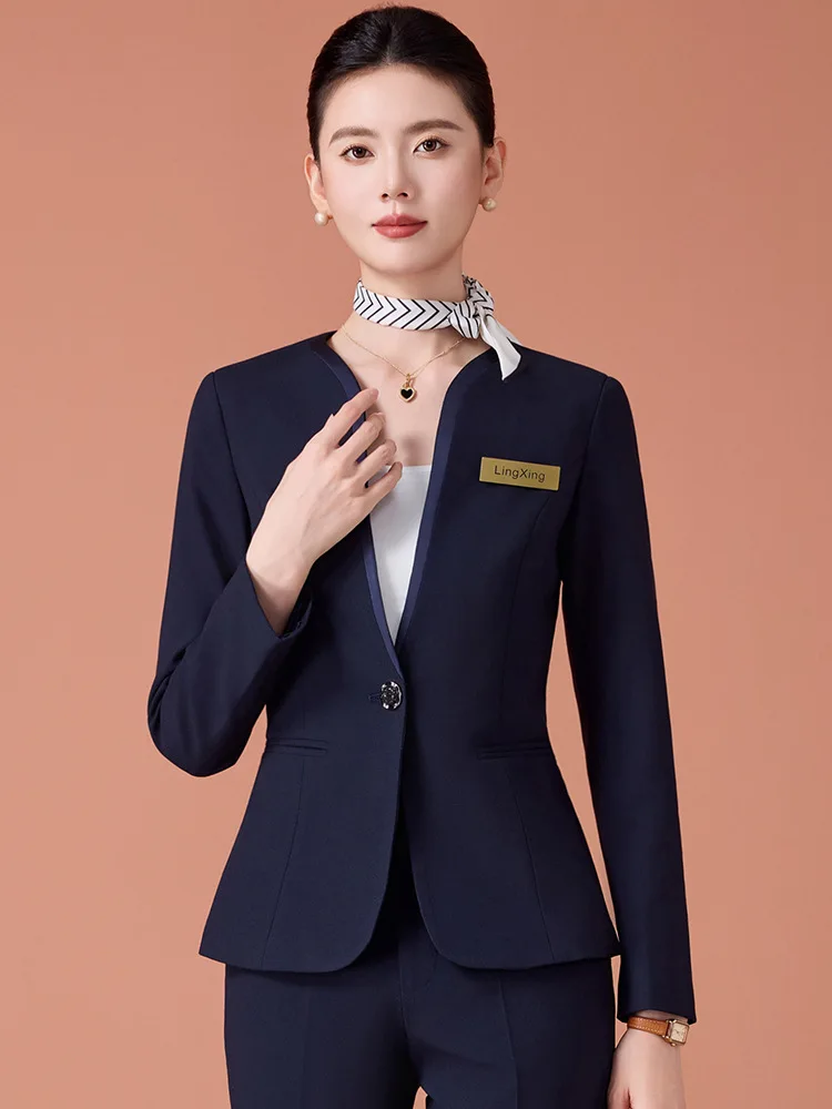 Navy Blue Suit Set for Women, Beauty Salon Workwear, High-end Hotel Manager Front Desk Reception Workwear, Professional Formal W