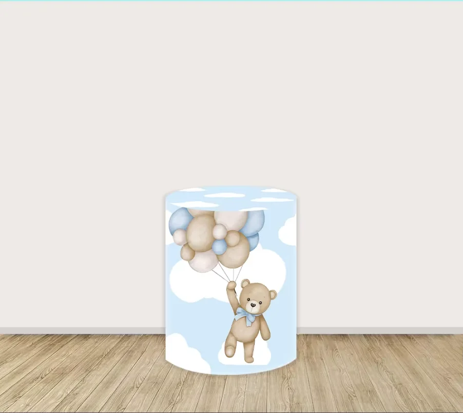 Mehofond Custom Cylinder Cover Backdrop Cute Bear Hot Air Balloon boy Birthday Party Plinths Pedestal Background Decor Elastic