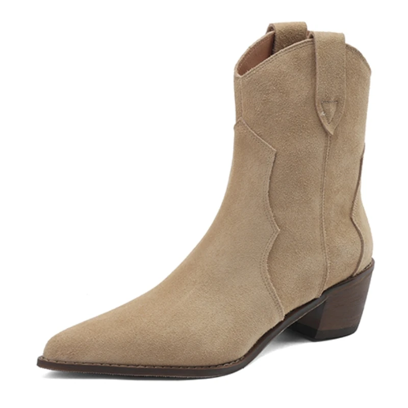 Size 34-43 Cow Suede Leather Western Boots Women Autumn Winter Cowboy Boots Quality Handmade Ankle Boots For Women Shoes New