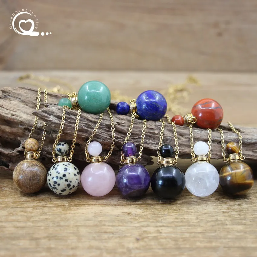 

Natural Stone Quartz Ball Perfume Bottle Pendants Necklace Lapis Amethyst Crystal Sphere Women Oil Vial Gemstone Jewelry,QC1161