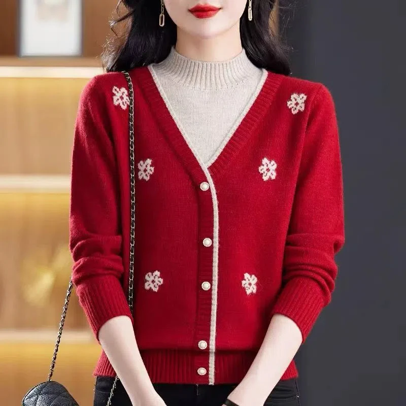 Women\'s Clothing Button Long Sleeve Half High Collar Autumn Winter Sweater Knitted Pullover Casual Elegant Screw Thread Tops