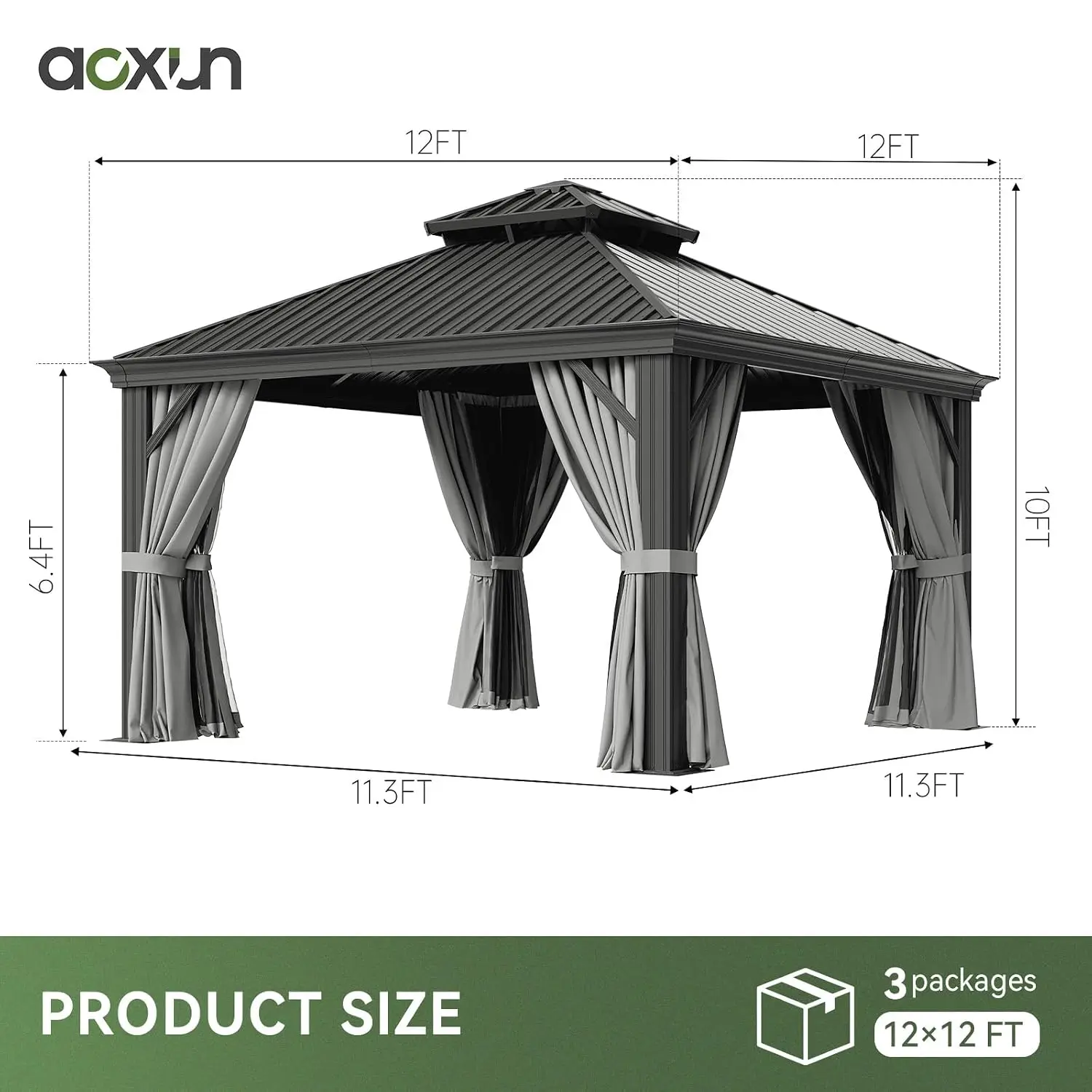 12x12ft Permanent Aluminum Hardtop Gazebo, Galvanized Steel Double Roof for Outdoor Pavilion, Custom