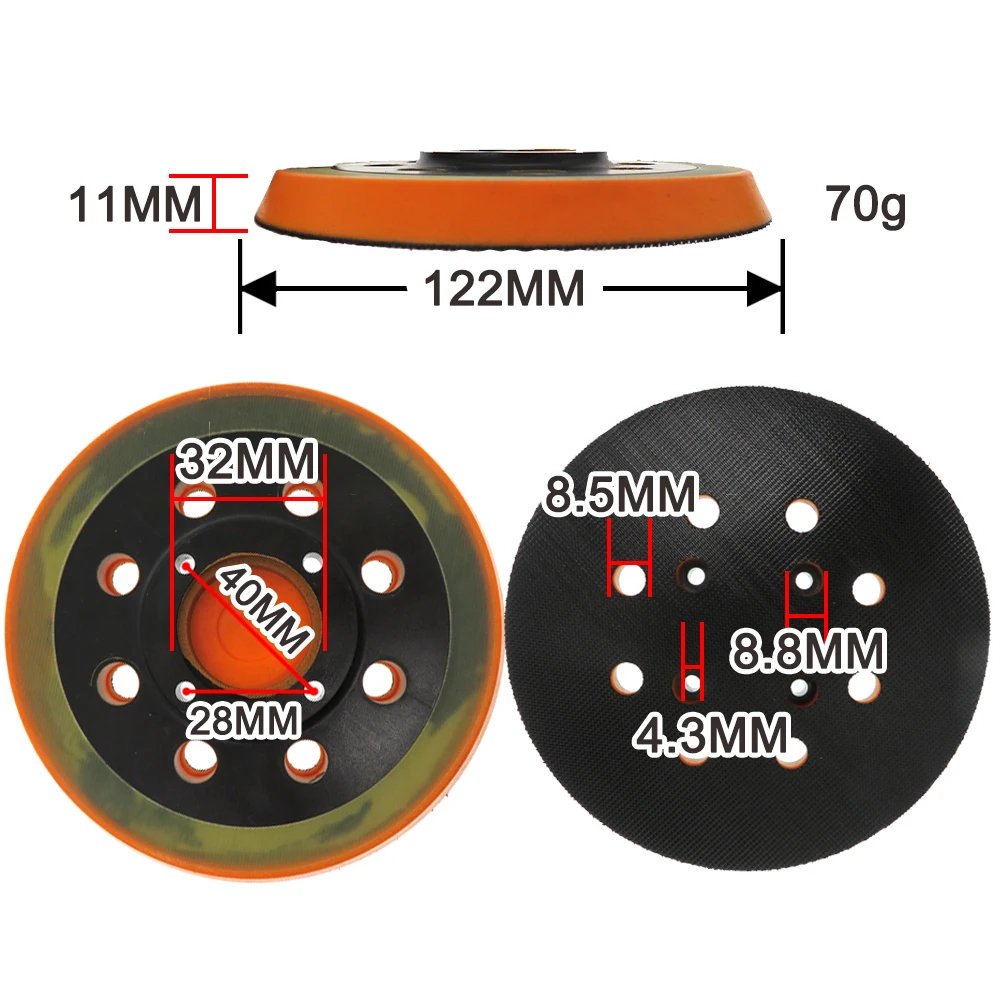 1 Uds. Almohadilla de lijado trasera naranja de 5 pulgadas con 8 agujeros 4 botellas gancho y bucle para pulir y lijar metal carpintería para RSE-1250