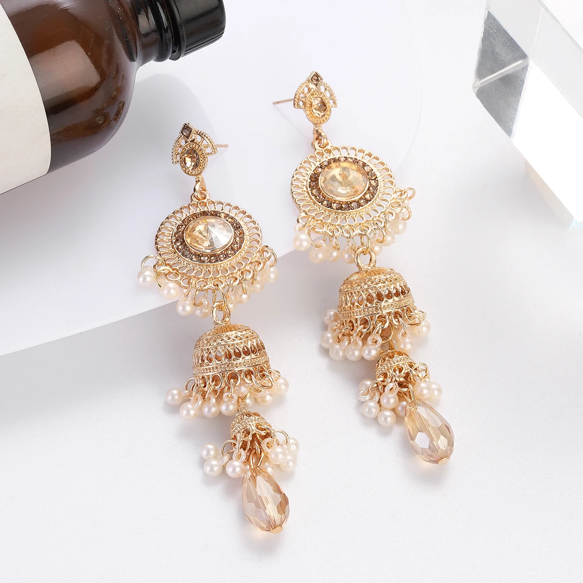2023 Women\'s Ethnic Luxury Gold Color Jhumka Earrings Vintage Round Crystal Long Dangle Earrings Wedding Brincos Jewelry