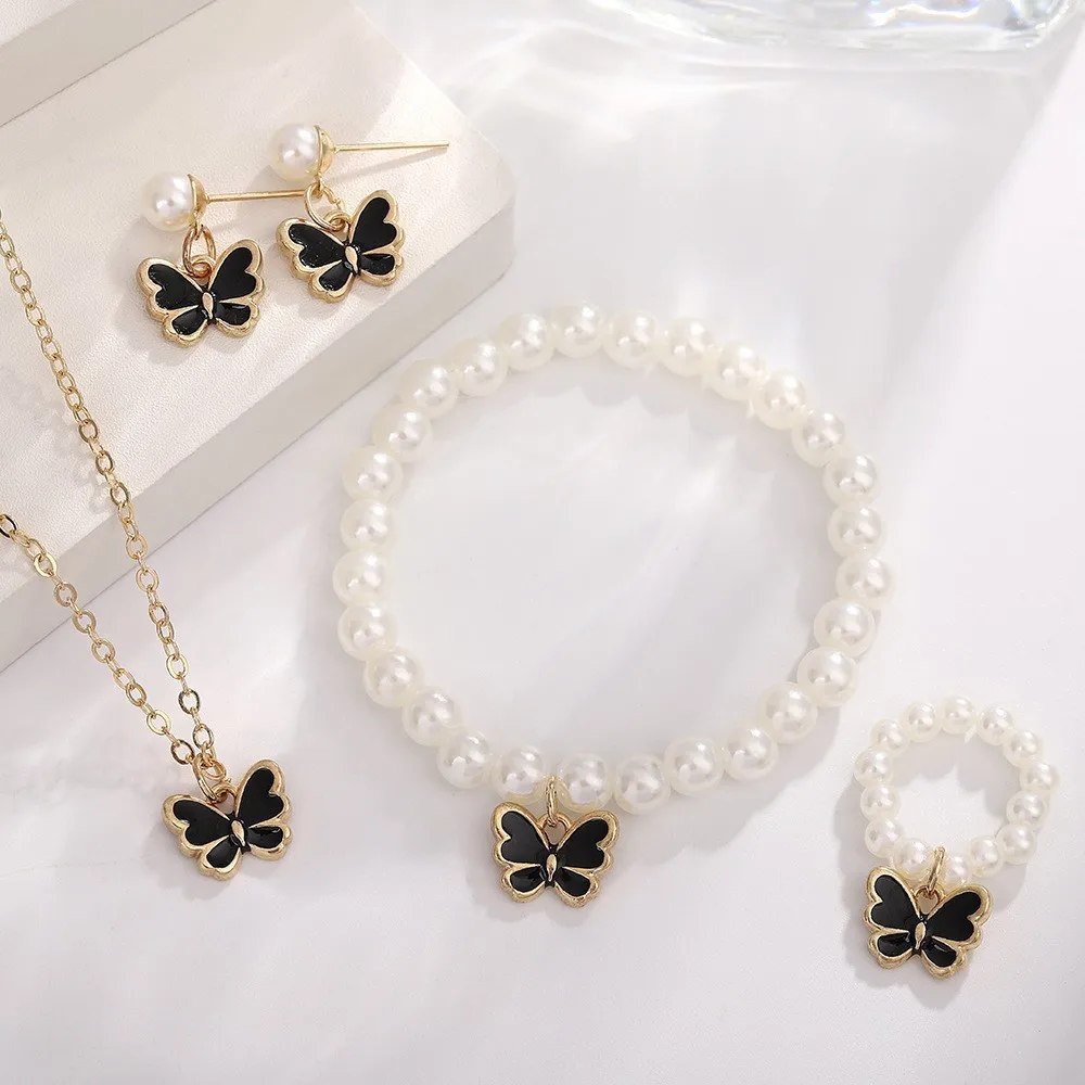 4 Set Butterfly Ring Pendant Necklace Bracelet Earrings Set for Women Girls Simulated Pearl Gold Jewelry Trendy Cute Sweet Gifts image 4