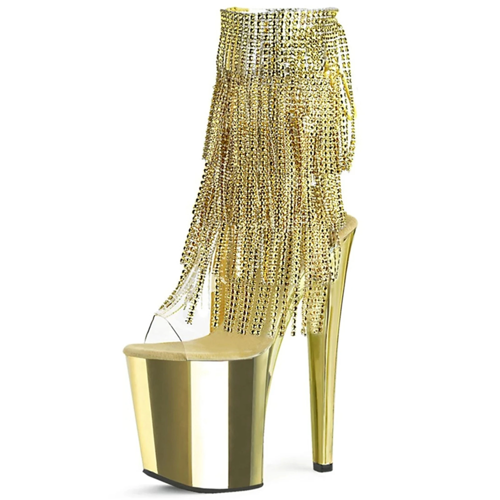 كعب كروم ساخن 20 سم مع سلاسل كريستالية | صنادل ذات نعل سميك لامع بحزام شفاف | أحذية نادي الحفلات المثيرة للنساء ليلاً #1