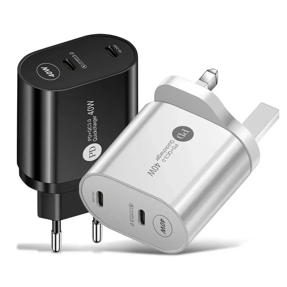 2 Port PD Plug 40W USB-C Type C Fast Quick Charger Adapter For iPhone 12 Pro Max Travel Portable USB Transformer UK EU US Plug