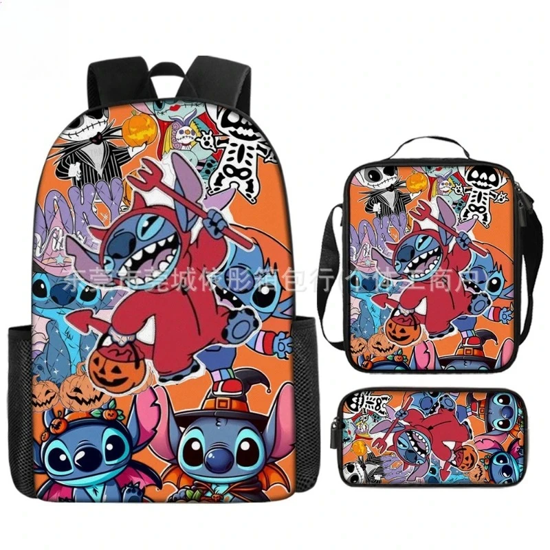 Stitch Halloween 3/pcs Backpack Set Pumpkin Ghost Spider Web Print Kids School Backpack + Lunch Bag + Pencil Case Casual