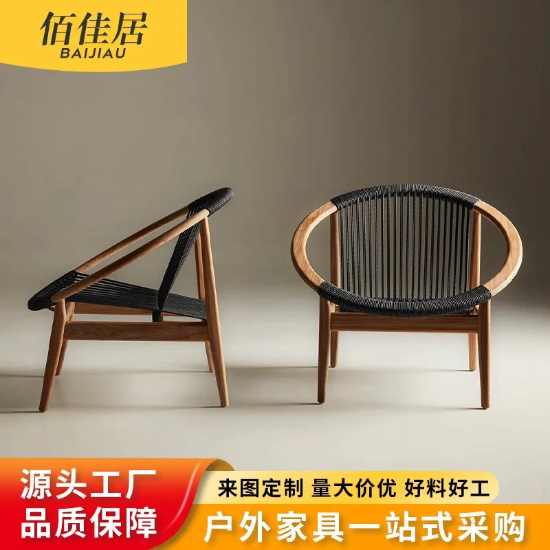 Teak Solid Wood Rattan Single Sofa Chair Outdoor Leisure Balcony Furniture Waterproof Sunscreen with Coffee Table Combo