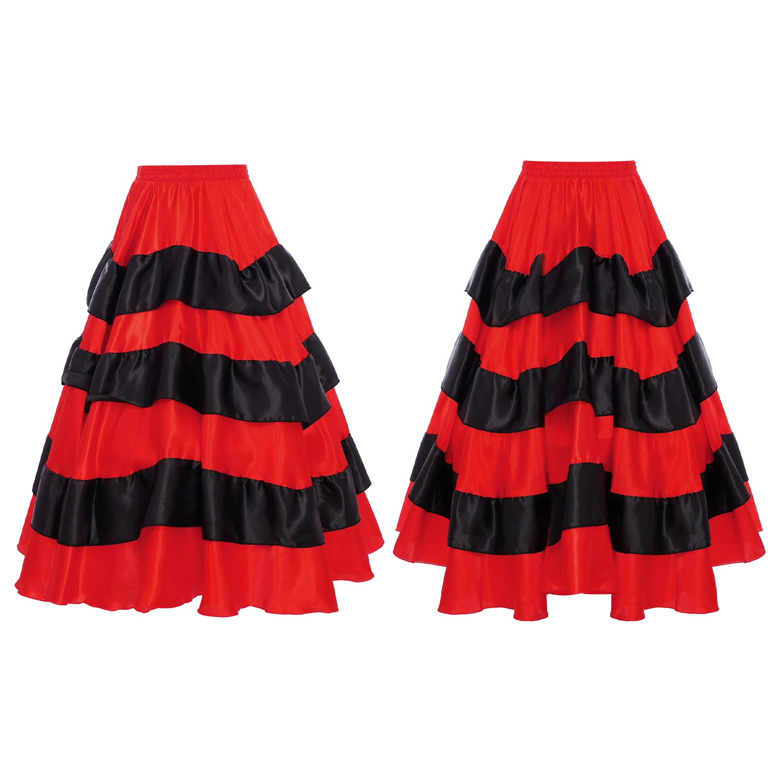 Red Black Kids Girls Contrast Color Tiered Ruffles Wide Hemline Satin Skirt Spanish Flamenco Ballroom Dance Performance Costume