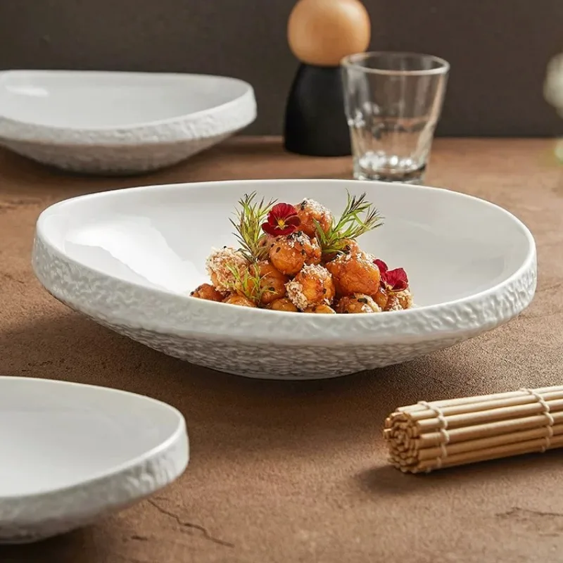 Rock Pattern Ceramic Dinner Plate and Soup Bowl Hotel Restaurant Tableware Modern White Unique-Shaped Porcelain Salad Plate Disc