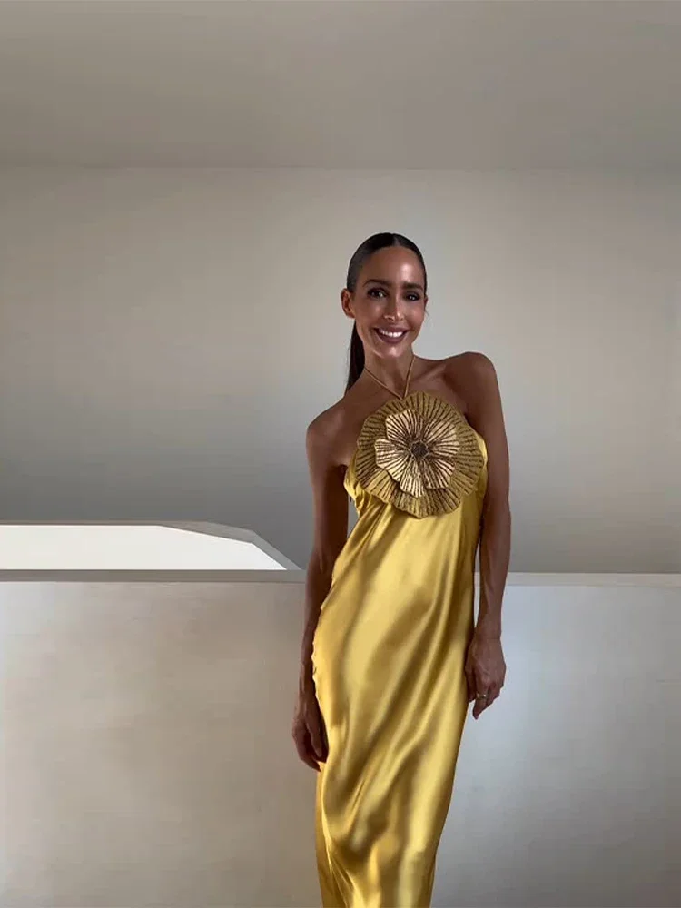 

Elegant Party Women's Dress 3D Flower Halter Sleeveless Backless Mermaid Satin Female Dresses 2025 Summer Chic Evening Lady Robe