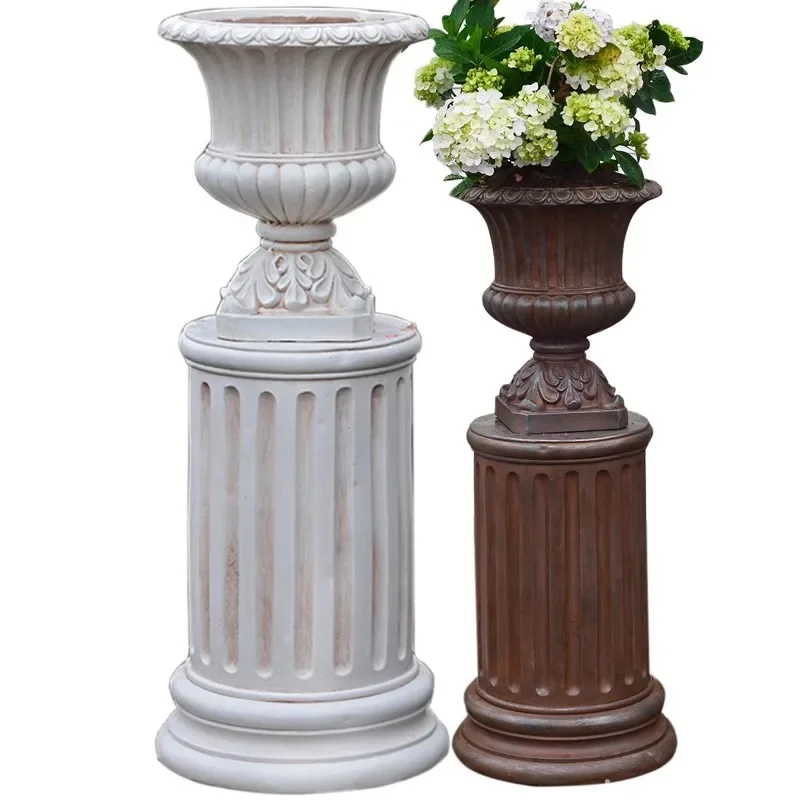 

European-style large cylindrical tall Roman column flower pot decoration villa garden courtyard entrance retro ornament wedding