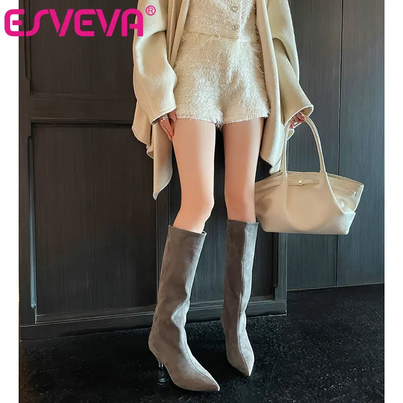 

ESVEVA 2025 autumn/winter suede long tube stacking boots, pointed cat heel simple temperament women's boots, sizes: 34-40