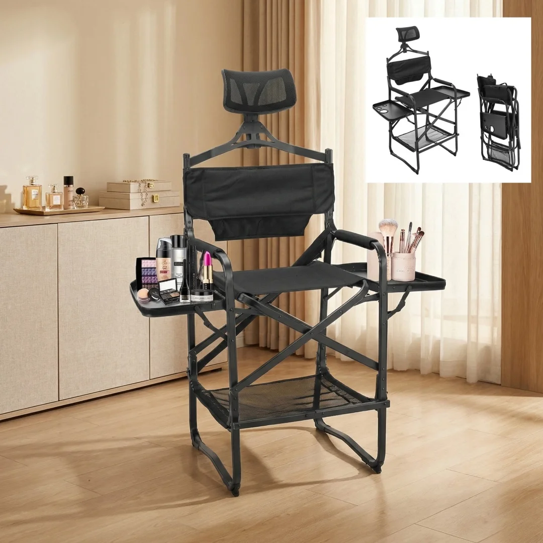

Tall Directors Chair Heavy Duty Bar Height Folding Makeup Chair Padded Seat with Side Table Foot Rest for Camping Home or Patio