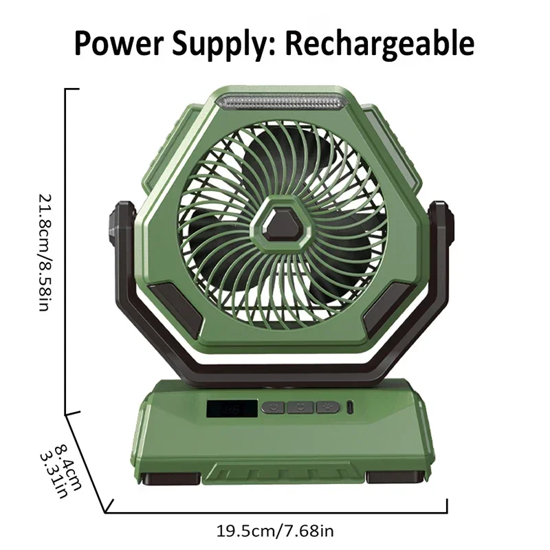 Ventilatore da campeggio ventilatore da esterno ricaricabile testa oscillante a soffitto ventilatore oscillante condizionatore d'aria portatile raffreddatore d'aria con illuminazione