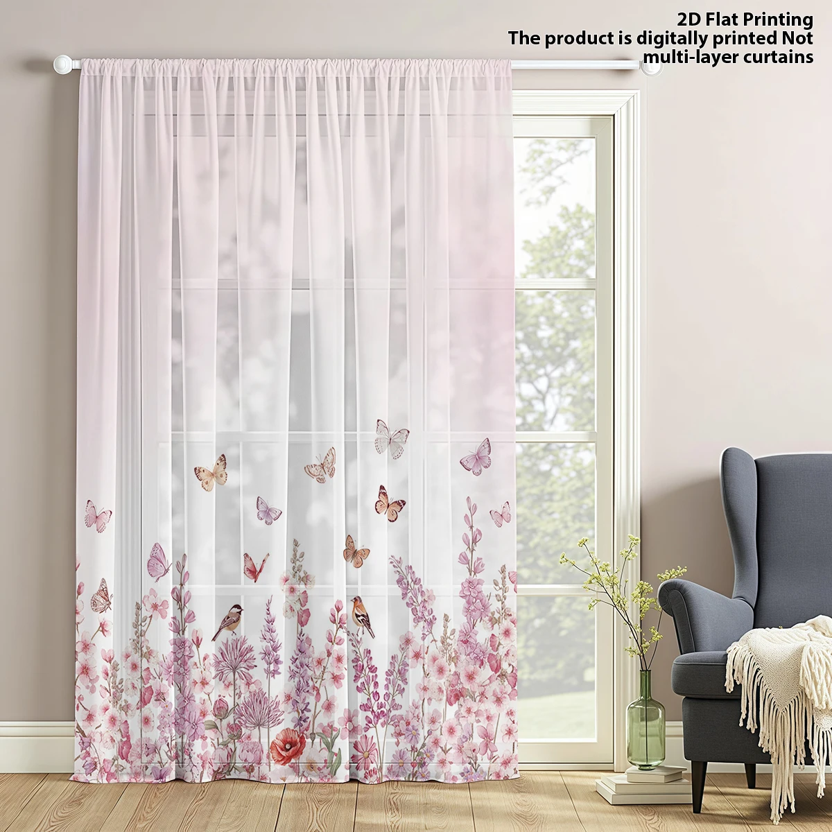 1 PC Floral Butterfly Print Sheer Curtain, Mother's Day 70% Light Filtering Privacy Sheer Curtain for Living Room Bedroom Study,