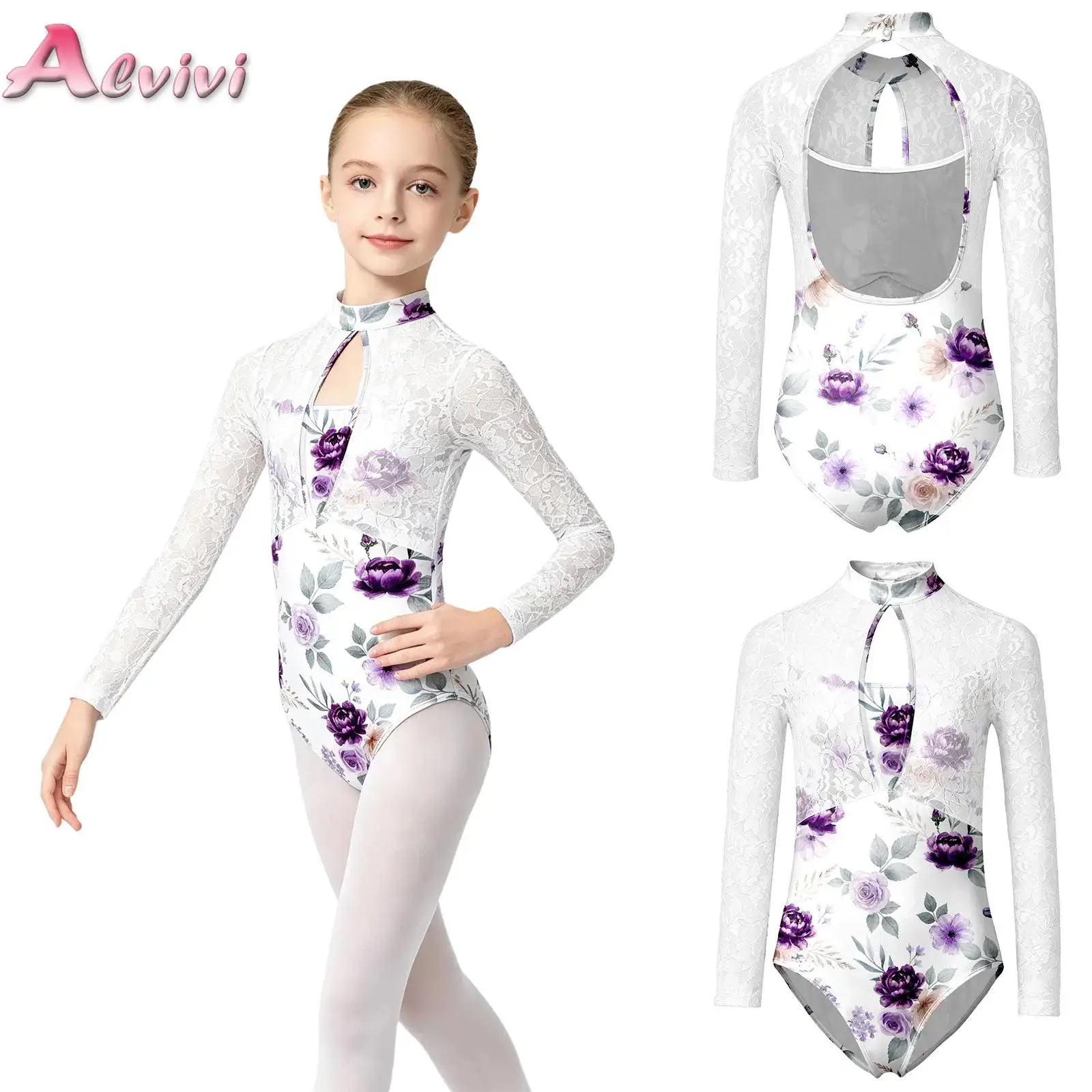 Kids Girls Mock Neck Long Sleeve Cutout Jumpsuit Floral Lace Triangle Bodysuit for Ballet Dance Stage Performance Competition