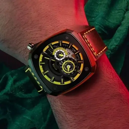 BONEST GATTI Men Automatic Watch Square Mechanical Wristwatch Skeleton Dial Waterproof Sapphire Mirror Luminous Leather Strap