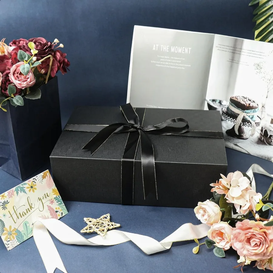 Grande confezione regalo nera14x9x4,5 polliciCofole regalo con chiusura magnetica, coperchio, nastro e scatola regalo per carte per compleanni, San Valentino Da