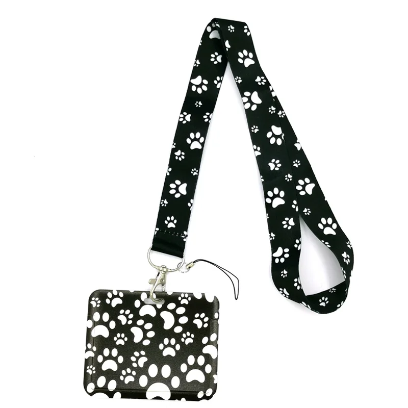 Black Dogs Paws Fashion Lanyard ID Badge Holder Bus Pass Case Cover Slip Bank Credit Card Holder Strap Card Holder