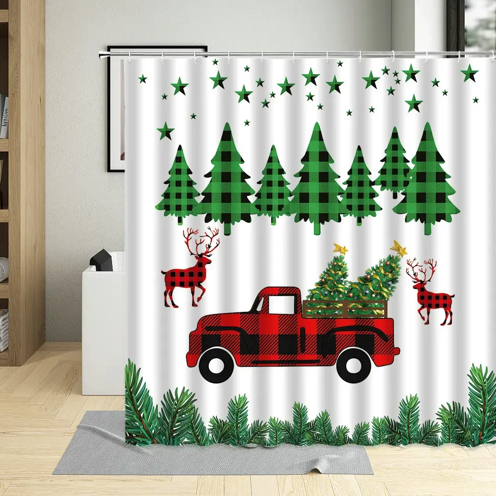 Merry Christmas Lattice Tree Shower Curtain Set Farmhouse Black White Truck Printing Bathroom Decoration Hanging Curtains Hooks