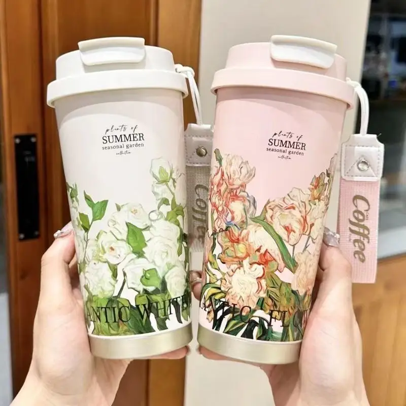 500ml 5D Printing Flower Stainless Steel Insulated Thermos Mug Portable Dual-Drink Coffee Cup for Office Commute Travel Use