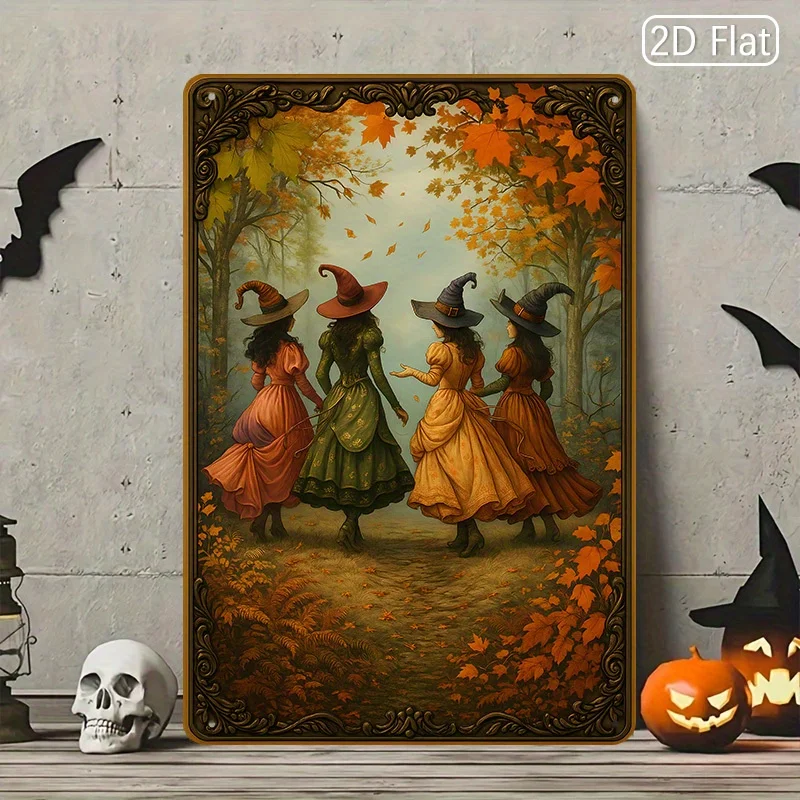 Letrero de estaño para caminar en el bosque de brujas de Halloween, arte de pared de Metal con 3 brujas en el bosque otoñal, hojas vibrantes de color naranja y amarillo, Spo