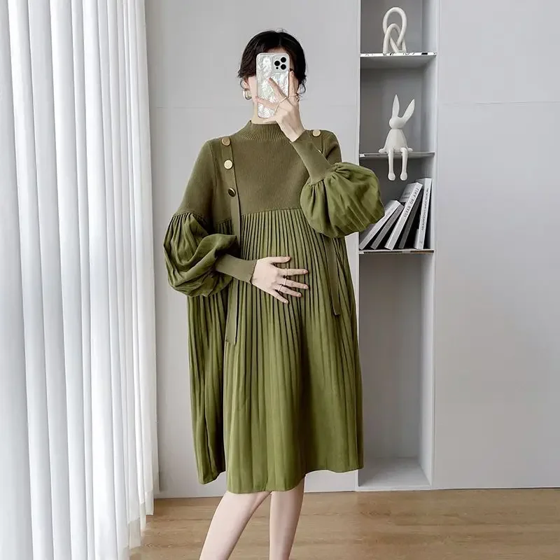 

Fashion Knitted Butto Spliced Folds Dress Women's Clothing Autumn Winter Solid Color Lantern Sleeve Casual Dresses E4315