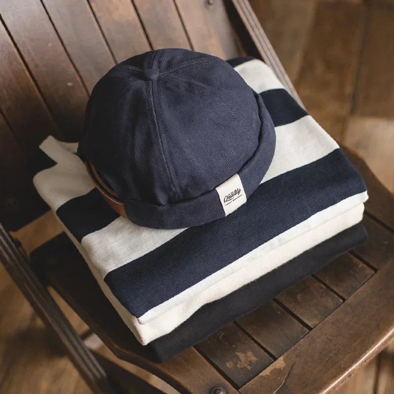 Maden Vintage Men's Adjustable Beanie Skull Cap Unisex Dockworker Hat Roll Cuff Casual Caps Blue Street Hats for Fall and Winter