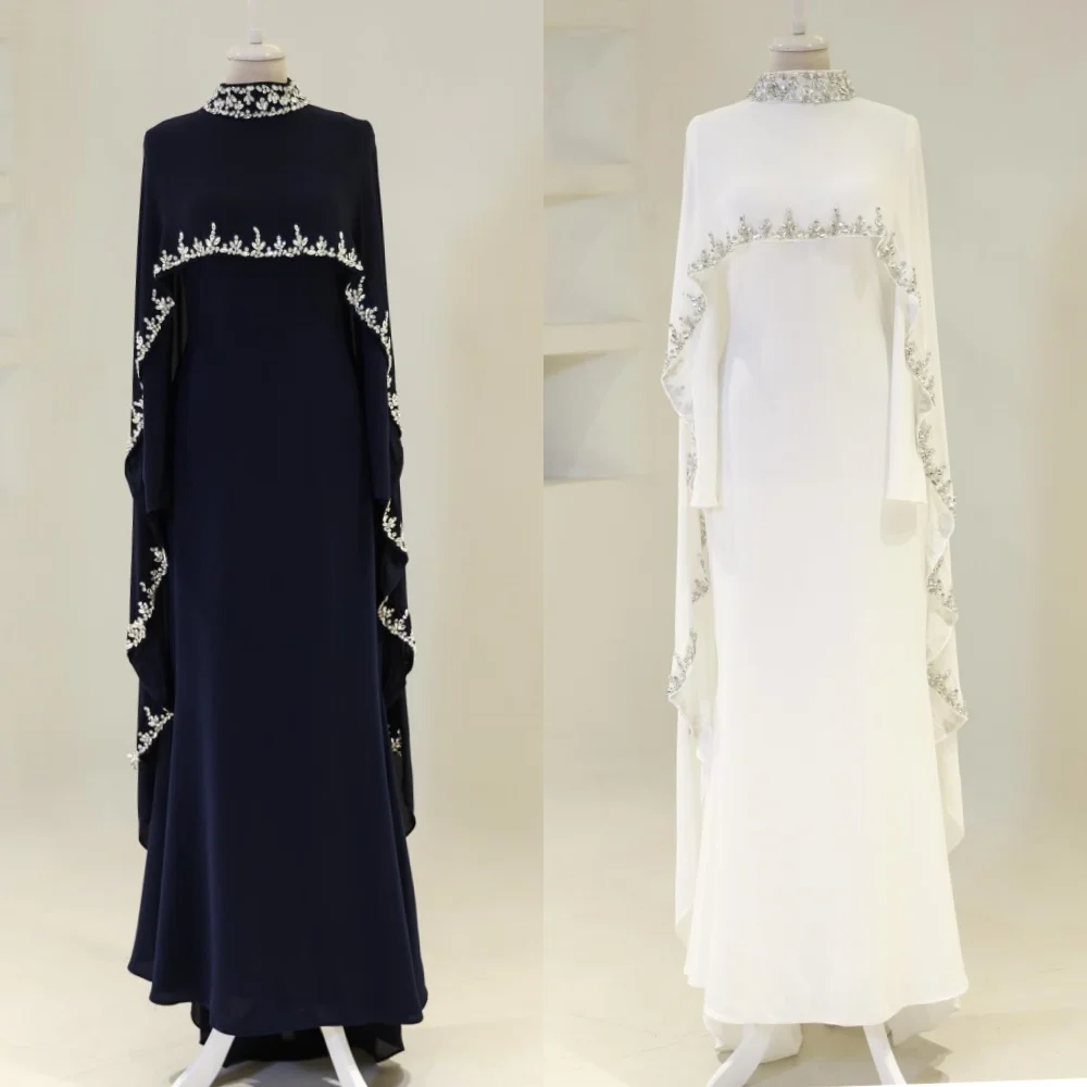 Customized Modern Style Intricate Jersey Ruched Rhinestone Straight High Collar Long Dresses Bespoke Occasion Dresses Classic