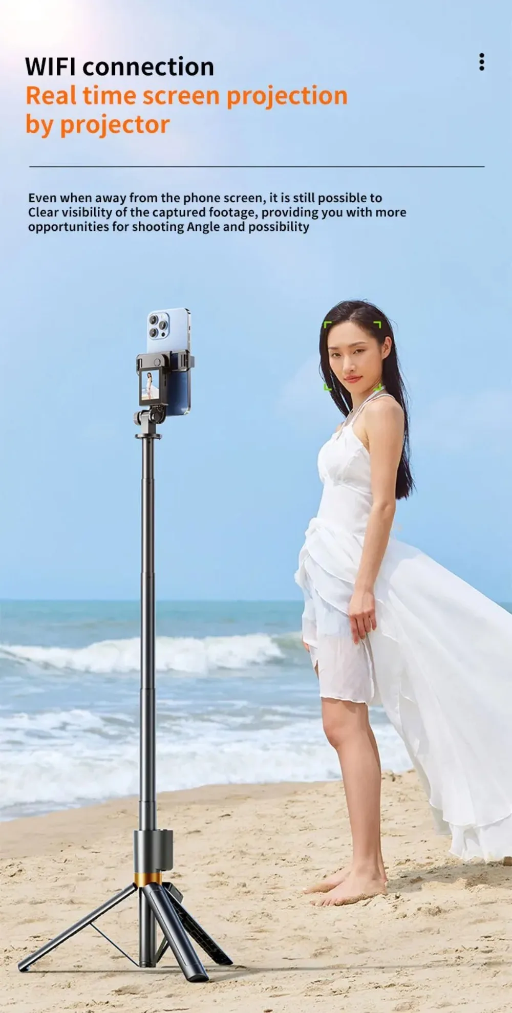 Treppiede portatile estensibile, design leggero, base stabile, bastone per selfie, rotazione a 360°, altezza regolabile, telecomando._voghion.com